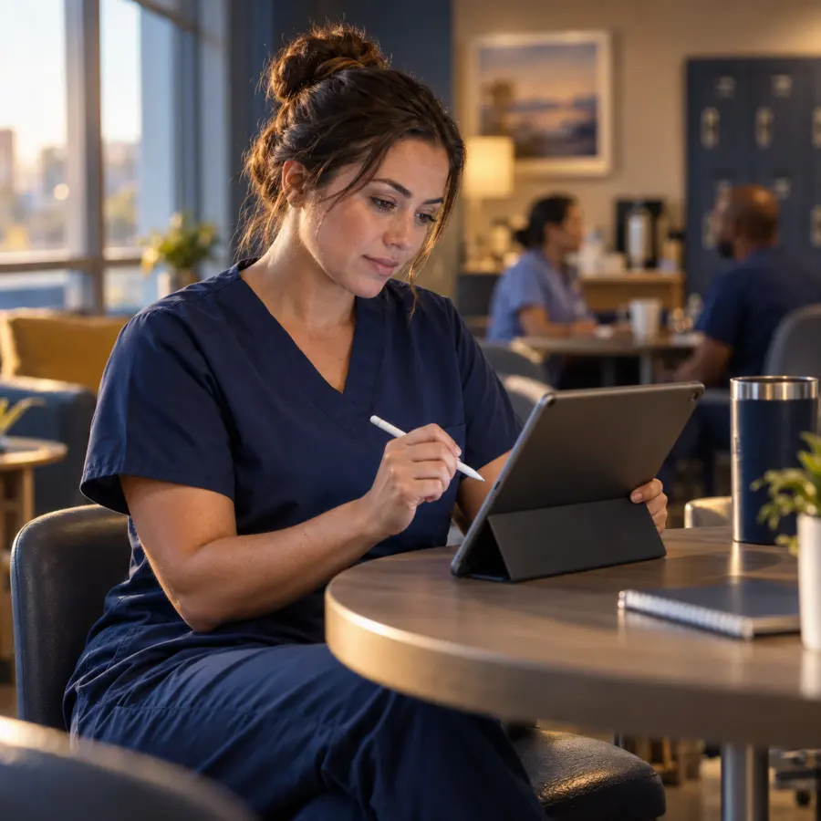 A nurse in scrubs answering practice questions on a tablet during a break.
