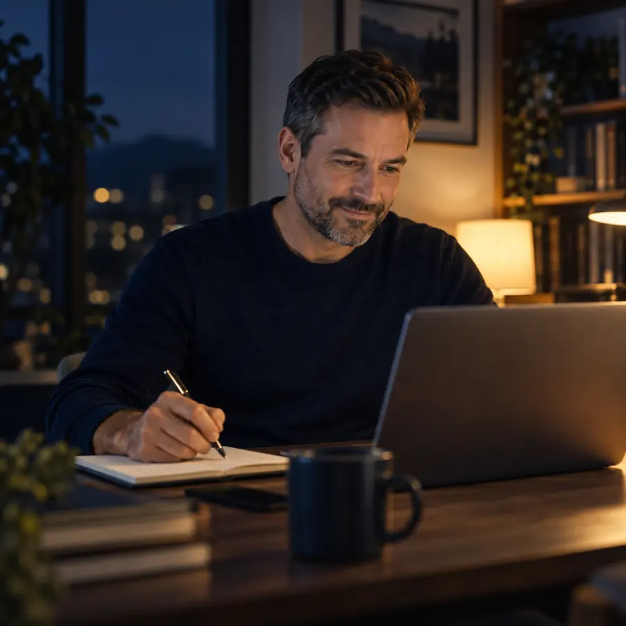 A professional at a laptop in the evening, noting what to review next.