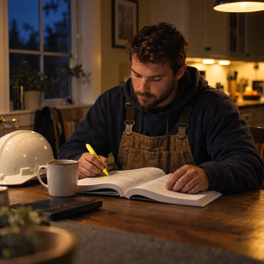 A learner at a kitchen table highlighting a passage in a study guide, a hard hat beside him.
